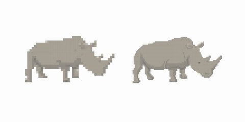 Two pixel art rhinoceroses are depicted, each showing unique views with distinct horn positions.