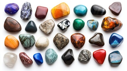 A collection of different colored gemstones on a white isolated background