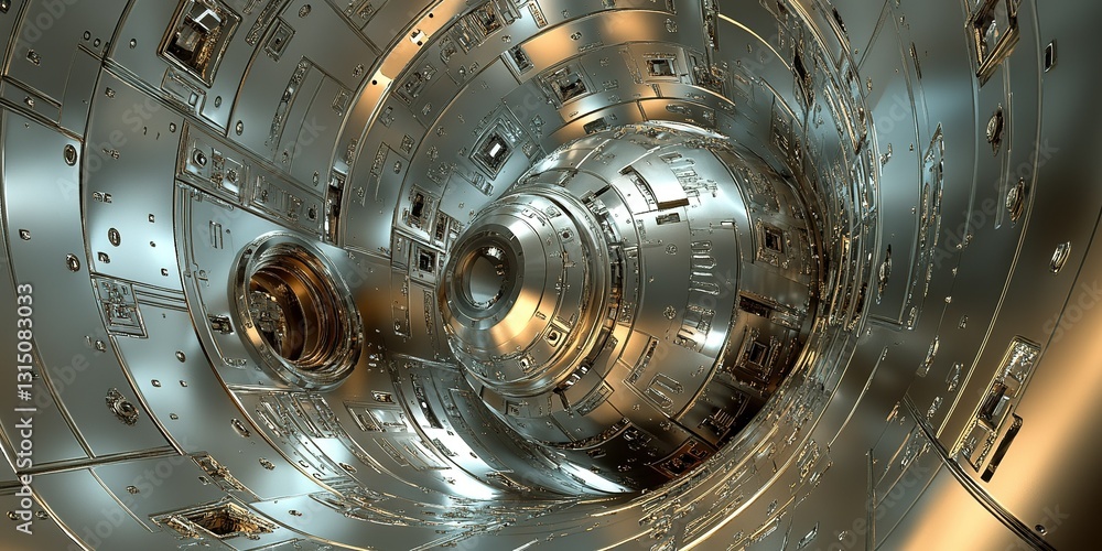 Poster intricate metallic tunnel with circular patterns in a modern futuristic environment