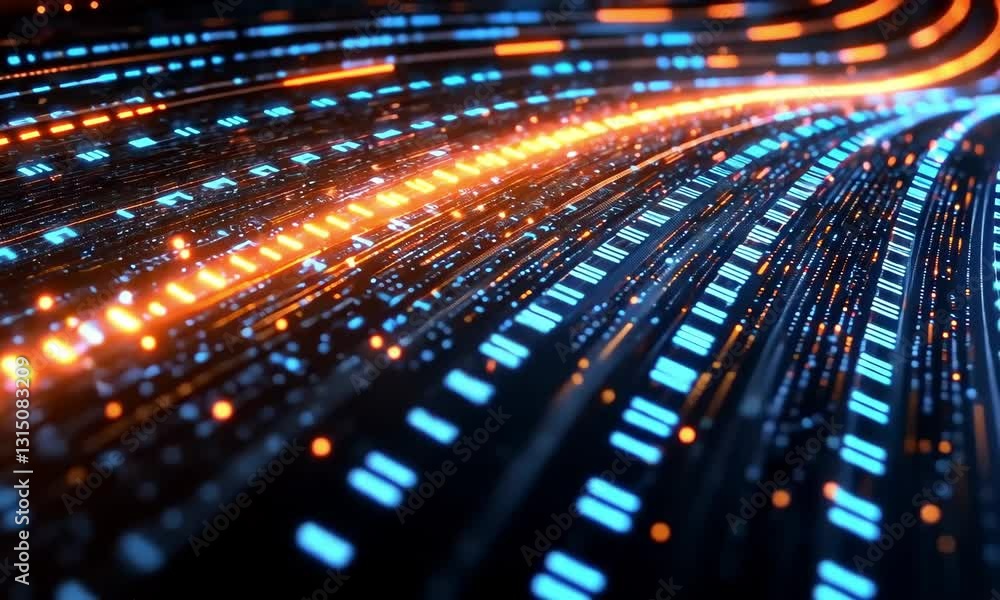 Poster abstract representation of flowing data streams with vibrant blue and orange lights on a dark backgr