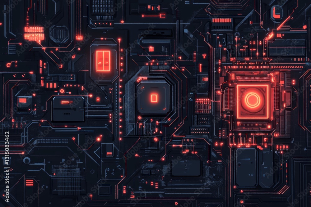 Poster explore a captivating abstract background featuring a digital circuit board illuminated with red neo