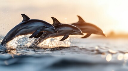 Obraz premium Dolphins jumping in ocean tropical waters wildlife natural environment close-up view marine life exploration