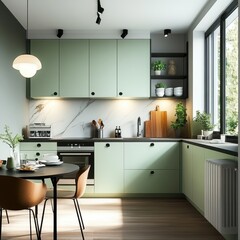 Kitchen interior shows a modern kitchen with light green cabinets