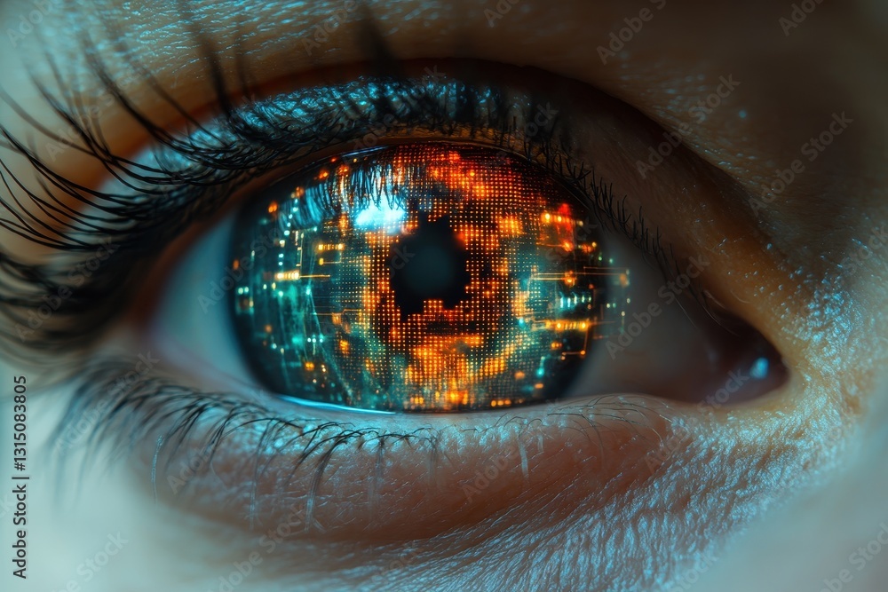 Poster intricate digital patterns reflecting in an eye showcasing technology's connection to the human expe