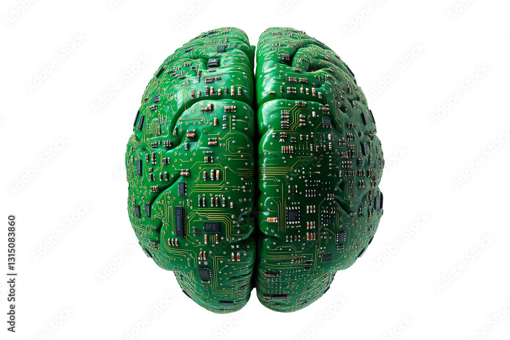 Poster electronic brain concept with a printed circuit board pattern isolated on transparent background