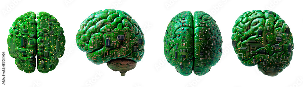 Poster set of digital ai electronic brain isolated on transparent background