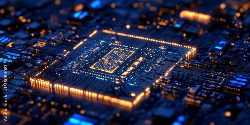 Aufkleber a computer chip is lit up in a blue and orange color scheme. the chip is surrounded by other compute