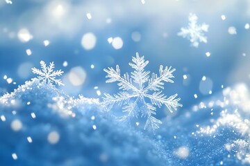 A serene winter scene featuring snowflakes gently falling on a snowy surface.