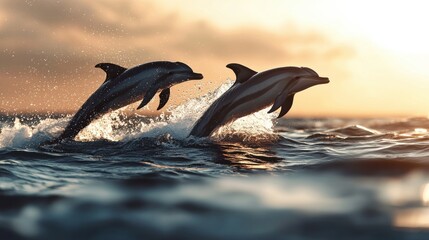 Dolphins leaping in sunset waters coastal area wildlife natural environment dynamic action marine life concept