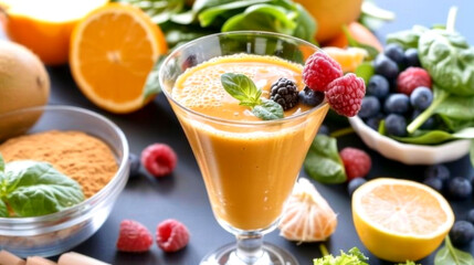 A refreshing green detox drink captures healthy living and wellness, surrounded by various vibrant fresh ingredients on display.