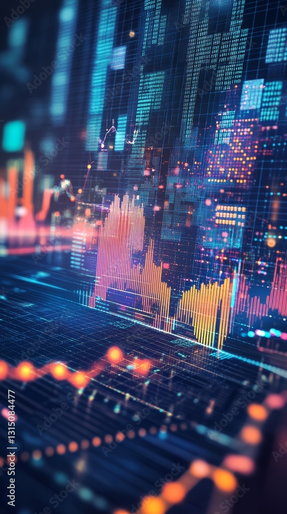 Poster colorful and dynamic digital data visualization featuring graphs and charts representing financial t