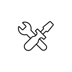 simple icon design featuring a black wrench and screwdriver crossed over each other in minimalistic style.