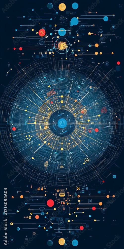 Poster explore a visually striking design featuring concentric circles and layered patterns in a blue theme