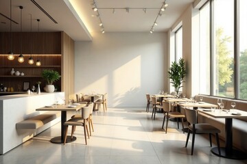 Modern Restaurant Interior Design Sunlit Dining Area with Minimalist Decor and Stylish Seating