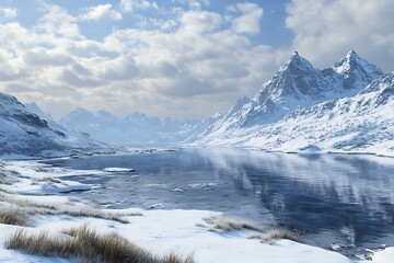 Obraz premium A serene winter landscape featuring snow-capped mountains and a reflective lake.