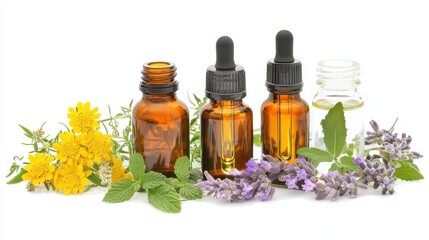 A bottle of essential oils with a dropper on a white isolated background