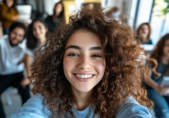 Happy Young Professionals Take a High-Angle Office Selfie