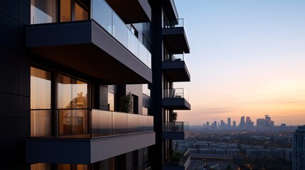 Fototapeta premium Modern building with balconies overlooking a city skyline at dusk.