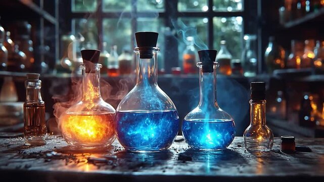 Magic potions in alchemist's lab, mystical liquids, steam, vintage bottles
