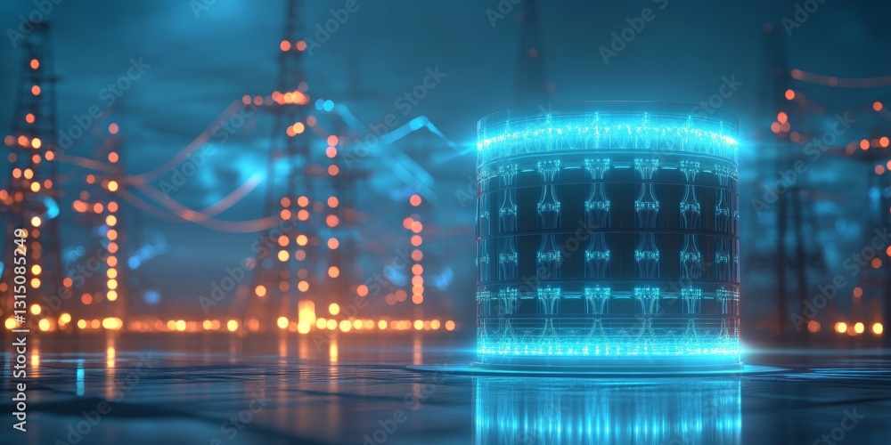 Poster high-tech digital representation of an energy storage device in a futuristic urban landscape, glowin