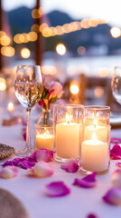 Romantic dinner table with candles, flowers, wine glasses, & scattered rose petals