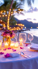 Romantic beach dinner candles, flowers, sunset
