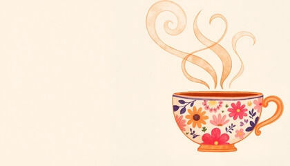 Delicate floral tea cup releasing steam, warm tranquility