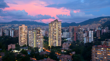 Naklejka premium Cityscape at dusk, high-rise buildings, mountain backdrop, urban sprawl, travel destination
