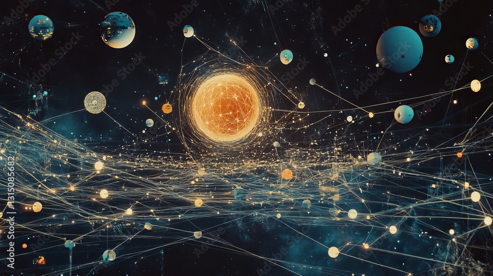 Poster explore an abstract digital universe showcasing iot connections, where lines and globes visually rep