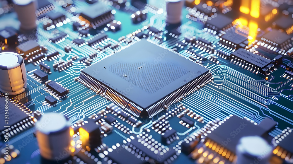 Poster close up of a modern circuit board with a powerful central processing unit in vivid blue and gold il