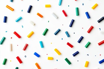 Colorful Cylindrical Objects Scattered White Background Vibrant Rainbow Hues Modern Abstract Design Bright Multicolored Pattern Flat Lay Photography  