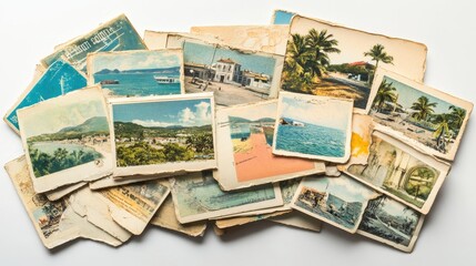 A collection of vintage postcards spread across a white isolated background