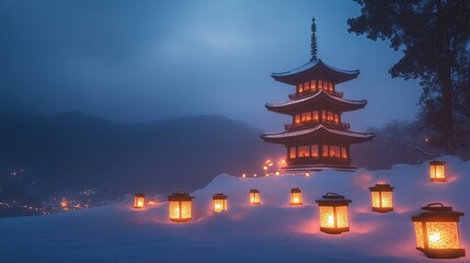 Fototapeta premium Pagoda Atop A Snowy Hill Surrounded By Glowing Lanterns