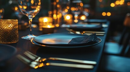 Elegant Dining Setup: A sophisticated dining table is set with stylish tableware and golden cutlery, bathed in the warm glow of soft candlelight, promising an evening of culinary delight.