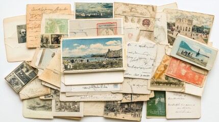 A collection of vintage postcards spread across a white isolated background