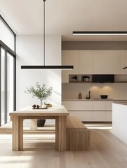 Modern kitchen and dining area with wooden furniture and lighting