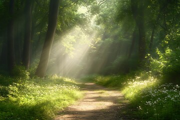 Obraz premium A serene forest path illuminated by soft sunlight filtering through the trees.