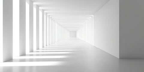 Obraz premium A modern minimalist hallway featuring bright white walls and intricate shadows, creating a serene and open atmosphere. Ideal for design and architecture themes.