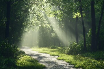 Fototapeta premium A serene forest path illuminated by soft sunlight filtering through lush trees.