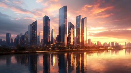 Fototapeta premium Modern city skyline at sunset over a calm river