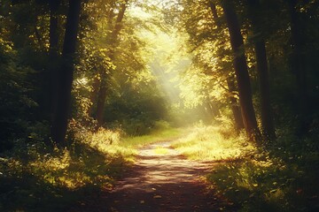 Obraz premium A serene forest path illuminated by sunlight, inviting exploration and tranquility.