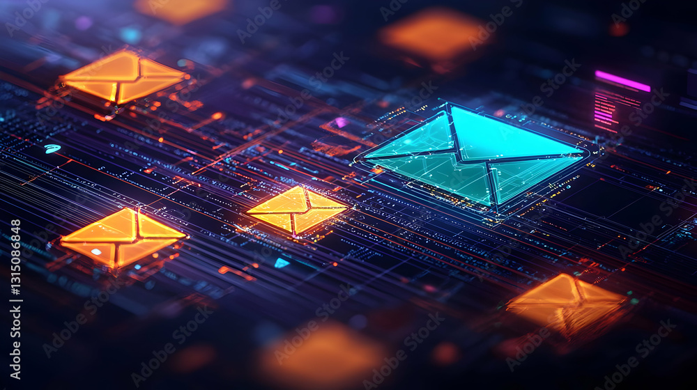 Poster 3d render of digital email icons on circuit board with futuristic glow and bokeh effect in orange bl