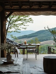 Fototapeta premium A wooden deck showcases landscape over mountain with green hills