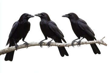 Obraz premium Three black ravens rest on a branch, showcasing their elegant features against a stark white background, emphasizing their striking appearance and natural beauty.