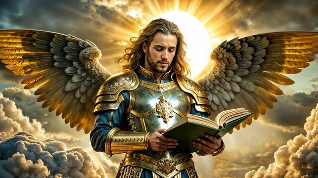 Angel of God in armor reading the Records Book in Heaven 4K