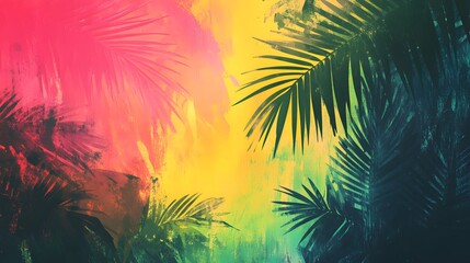 Tropical Paradise: A vibrant and colorful tropical paradise, captured through a stylized artistic lens, where lush green palm trees stand tall against a backdrop of glowing pink, yellow.