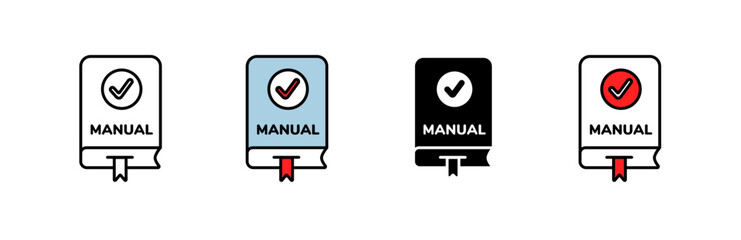 Manuals with check marks represented in different color variations: blue, white, black, red.