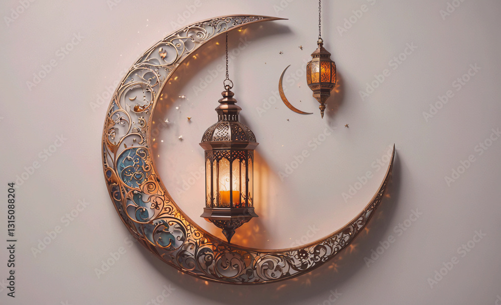 Poster gold and blue lantern hangs from the top of a crescent moon. the lanterns are lit, creating a warm a