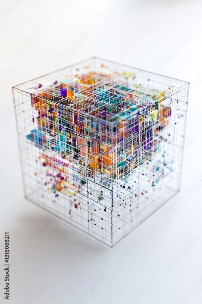 Poster a mesmerizing 3d cube showcasing vibrant colors and intricate geometric patterns, creating a stunnin