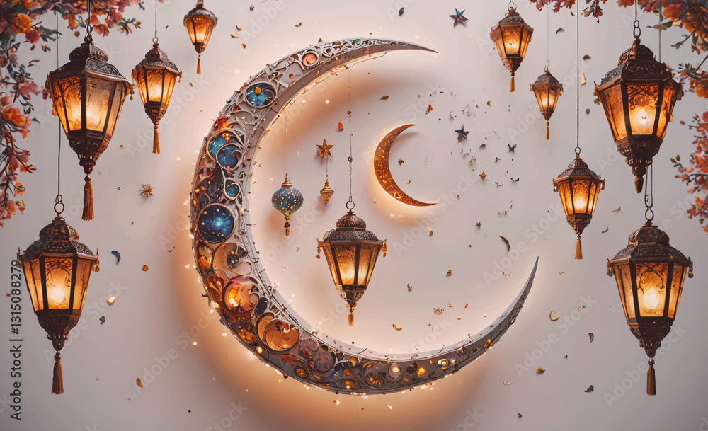 Poster lit up crescent moon is surrounded by many lit up lanterns. scene is warm and inviting, with the glo